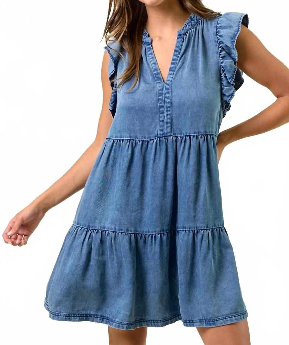 NEW DOE AND RAE tencel ruffle tiered mini dress in blue